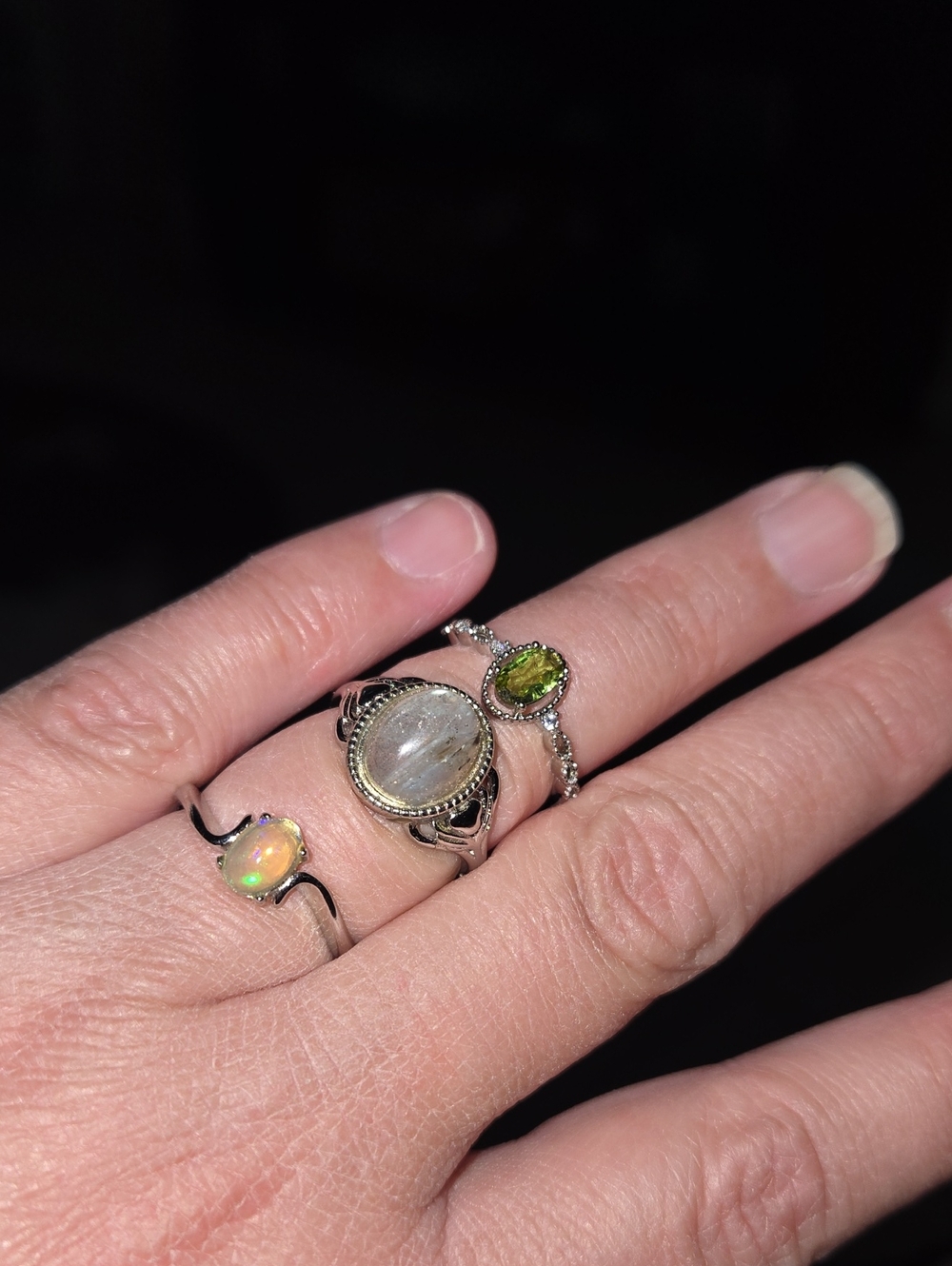 Sterling Silver Multi-Gemstone Ring Set - Labradorite, Peridot, Opalite